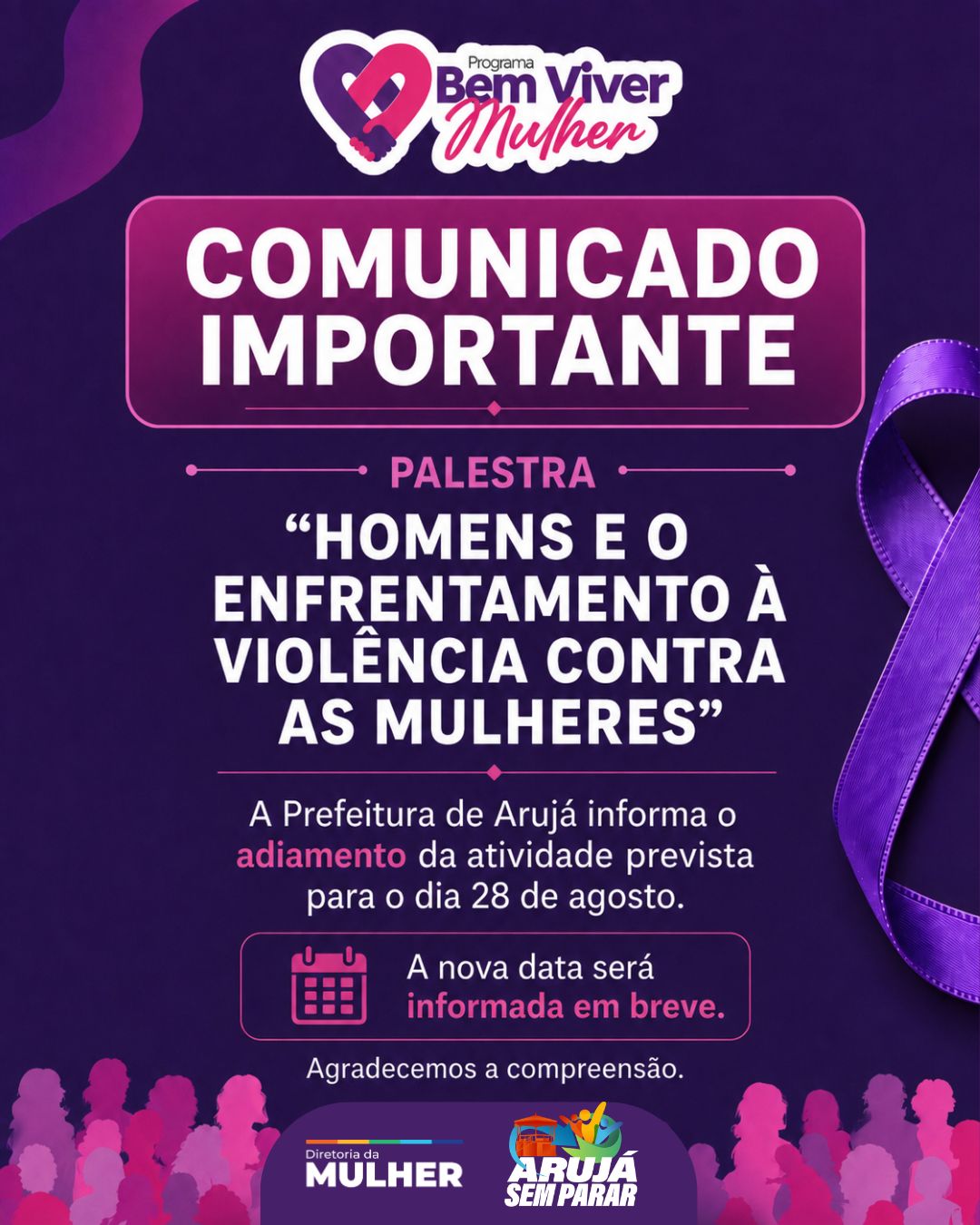 Palestra sobre violência contra as mulheres é adiada em Arujá